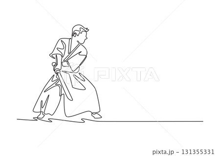Single continuous line drawing male athlete in powerful stance, holding a sword at his hip, moment of intense focus and readiness for swift maneuver. One line draw graphic design vector illustration 131355331
