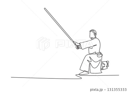 Single one line drawing young man kneeling stance holds long staff extended forward, disciplined focused and grounded power of an Aikido weapon. Continuous line draw design graphic vector illustration 131355333