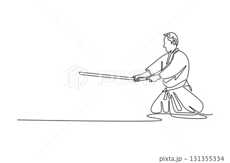 Single continuous line drawing man in disciplined stance, holding sword extended forward, focus and grounded posture of traditional Aikido weapon form. One line draw graphic design vector illustration 131355334