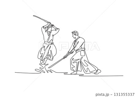 Single continuous line drawing two men in weapon drill, one figure attacking while airborne with sword, the other countering from low, grounded stance. One line draw graphic design vector illustration Single continuous line drawing two men in weapon drill, one figure attacking while airborne with sword, the other countering from low, grounded stance. One line draw graphic design vector illustration 131355337
