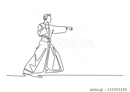 Single one line drawing man in traditional uniform in low stance, delivering focused punch, disciplined power and readiness of aikido posture. Continuous line draw design graphic vector illustration 131355338