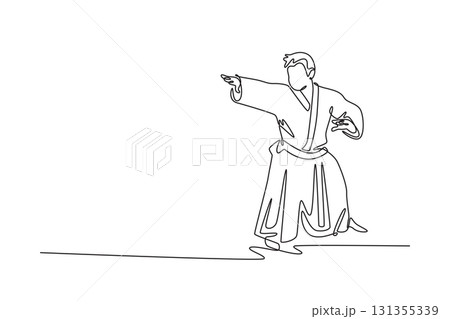Single one line drawing man in traditional uniform with arms extended in controlling or guiding posture, focused energy of an Aikido technique. Continuous line draw design graphic vector illustration 131355339