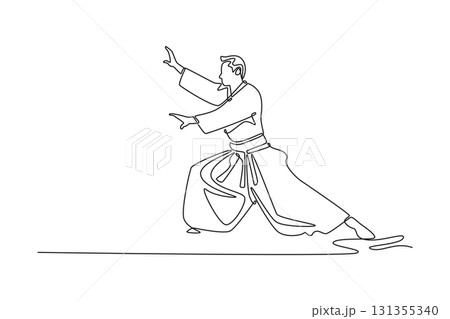 Single one line drawing male athlete in a low, wide, defensive stance, arms outstretched, grounded stability, focused energy of Aikido posture. Continuous line draw design graphic vector illustration 131355340