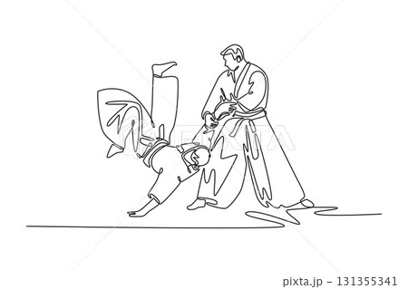Single one line drawing a dynamic Aikido technique, with one male figure controlling inverted fall of his partner, art of control and momentum. Continuous line draw design graphic vector illustration 131355341