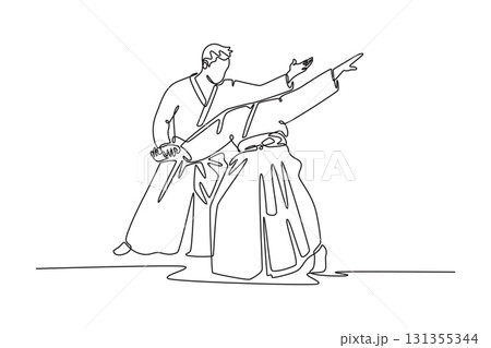 Continuous one line drawing two men performing Aikido technique, one figure extending his partner's arm to redirect his energy, controlled motion. Single line draw design vector graphic illustration 131355344