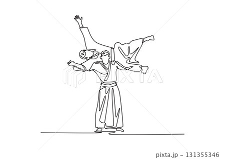 Continuous one line drawing dynamic Aikido throw, with one male figure lifting and inverting his partner, effortless power and balance of technique. Single line draw design vector graphic illustration 131355346