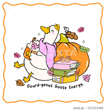 Cozy Autumn Silly Goose with Pumpkin Spice Whipped Cream Cartoon Hand Drawn 131355366