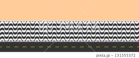 Top view of beach, road and sidewalk with Copacabana print. Repeating black and white waving texture in Portuguese pavement style. Fragment of famous Brazilian promenade. Vector flat illustration Top view of beach, road and sidewalk with Copacabana print. Repeating black and white waving texture in Portuguese pavement style. Fragment of famous Brazilian promenade. Vector flat illustration 131355372