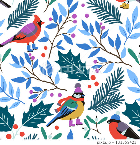 Christmas seamless pattern with cute design elements, Christmas tree toys, winter birds, fir tree and holly. Hand drawn  illustration for wrapping paper and greeting cards 131355423