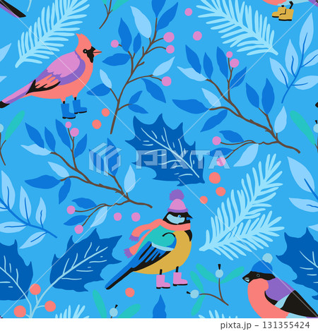 Christmas seamless pattern with cute design elements, Christmas tree toys, winter birds, fir tree and holly. Hand drawn illustration for wrapping paper and greeting cards 131355424