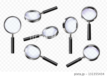 Realistic magnifying glass. 3d magnifier angles view, magnify lens for zoom focus effect vintage loupe detective spy equipment search paper document, set exact vector illustration 131355434