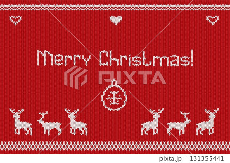 Christmas knitted banner. Realistic knit ugly sweater texture background, merry xmas text border winter holiday party funny pattern with deer jumper nordic red vector illustration 131355441