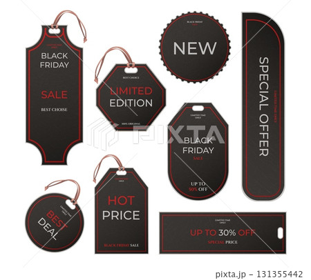 Black sale tags. Realistic paper tag, black friday special offer labels hanging badge with string, hot price discount promo premium badges luxury product text vector illustration 131355442