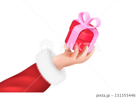 3d santa hand holding gift. Isolated Claus arm hold giftbox with ribbon, christmas present new year surprise winter holiday shopping or party realistic render vector illustration 131355446