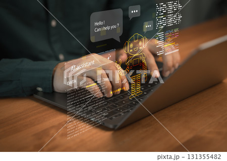 Person typing on laptop with holographic AI assistant chatbot and data interface, representing artificial intelligence, customer support, automation and smart digital communication. Person typing on laptop with holographic AI assistant chatbot and data interface, representing artificial intelligence, customer support, automation and smart digital communication. 131355482