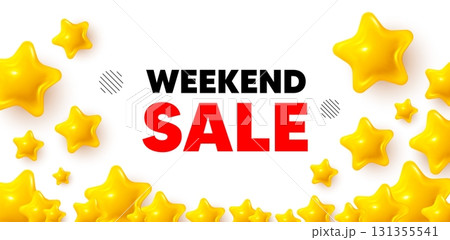 Weekend sale winner banner with 3d stars. Golden stars banner. Weekend Sale tag. Special offer price sign. Advertising Discounts symbol. Review rate background. Vector Weekend sale winner banner with 3d stars. Golden stars banner. Weekend Sale tag. Special offer price sign. Advertising Discounts symbol. Review rate background. Vector 131355541