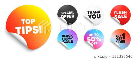 Top tips sticker tag. Special offer paper price tags. Top tips tag. Education faq sign. Best help assistance. Discount, black friday sticker. Promo banner. Vector 131355546