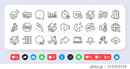 Chemistry lab, New message and Time management line icons pack. Social media: share, comment, like icons. Vitamin h1, Laptop, 3d chart web icon. Infochart, Augmented reality, Moon pictogram. Vector 131355550