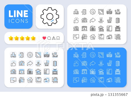 Food delivery, Delivery man and Shield line icons for web app. Message, Share, Like social media icons. Pack of Buildings, Hotel, Mortgage pictogram icons. Vector 131355667