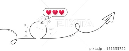 Refresh line icon. Continuous line with share plane. Rotation arrow sign. Reset or Reload symbol. Hearts rate review in speech bubble. Synchronize single line ribbon. Loop curve pattern. Vector 131355722