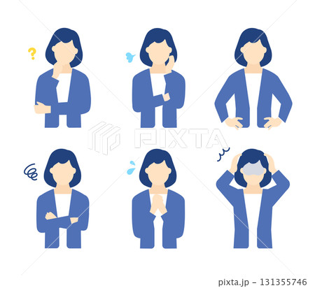 悩む女性ビジネスパーソンのシンプルイラスト素材セット 131355746