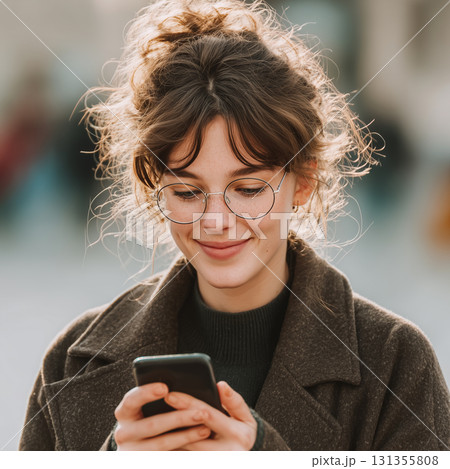 スマホ画面を見て思わず笑顔になる若くて可愛い女性の幸せな瞬間・屋外でスマートフォンを操作する女性 スマホ画面を見て思わず笑顔になる若くて可愛い女性の幸せな瞬間・屋外でスマートフォンを操作する女性 131355808