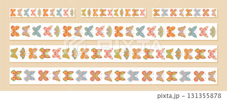 Groovy retro seamless butterfly border set in colorful floral pattern and y2k style. Vibrant seamless border pack with abstract graphic frame for creative vintage projects. 131355878