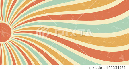Groovy retro sun burst grunge background with flat orange and yellow rays. Y2k sunshine and sun wave style create a trendy sun burst ray effect in a horizontal layout. Vintage texture for vibrant wall 131355921