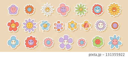 Groovy retro sticker set with colorful daisy and cartoon sunflower flower shapes. Smiley floral and chamomile groovy element, playful y2k style for fun decorative ideas. 131355922