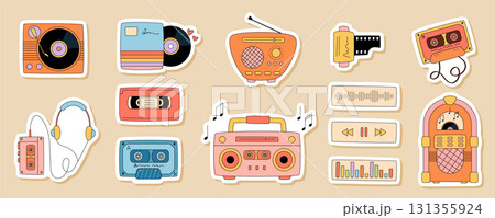 Groovy retro music party sticker set in cartoon graphic style. Y2K cassette, radio, record, boombox, jukebox and headphones create a fun vintage collection with cool groovy element for pop set. 131355924