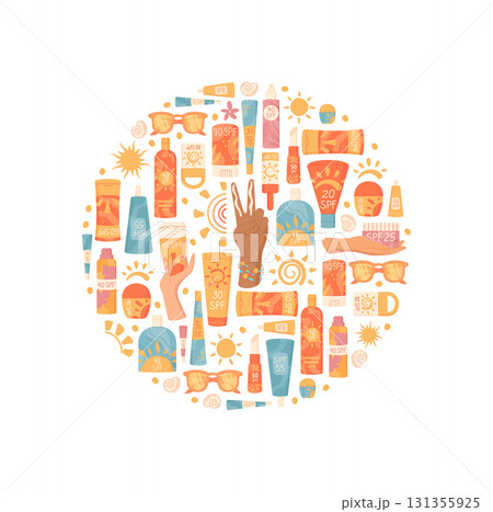 Cartoon sunscreen bottle, lotion, cream, spray, and tube in round collection shape. Spf sunblock, concept product banner design, summer care, cosmetic sun concept, isolated on white background. Cartoon sunscreen bottle, lotion, cream, spray, and tube in round collection shape. Spf sunblock, concept product banner design, summer care, cosmetic sun concept, isolated on white background. 131355925