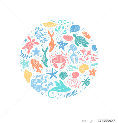 Round underwater concept with marine life. Circle design featuring fish, aquatic creatures, and ocean elements. Swirl cartoon graphic style creates a vivid background for aquatic themes and summer 131355927