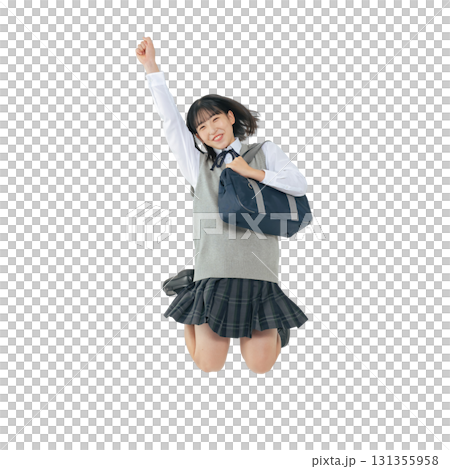 Jumping female student in uniform - Full-body photo PNG with transparent background, precisely cut out by hand Jumping female student in uniform - Full-body photo PNG with transparent background, precisely cut out by hand 131355958