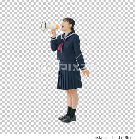 Female student in a sailor uniform shouting into a loudspeaker. Full-body photo PNG with transparent background, precisely cut out by hand. Female student in a sailor uniform shouting into a loudspeaker. Full-body photo PNG with transparent background, precisely cut out by hand. 131355965