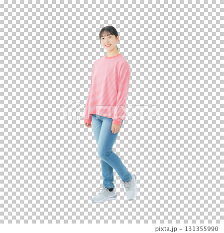 Teenage girl in casual wear. Full-body photo PNG with transparent background, precisely cut out by hand. Teenage girl in casual wear. Full-body photo PNG with transparent background, precisely cut out by hand. 131355990
