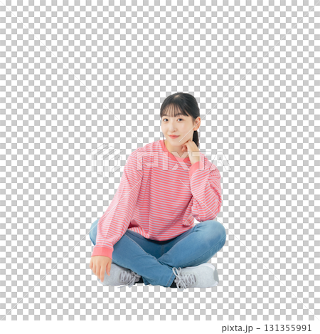 A teenage girl in casual clothing sitting down. A transparent, hand-cut, full-body PNG photo. 131355991