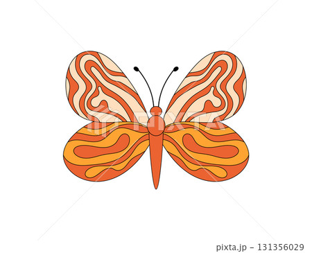 Groovy retro butterfly in cartoon graphic style with playful abstract wavy orange and funky psychedelic shapes sticker. Y2k sticker design as a creative groovy element, perfect for trendy decorative 131356029