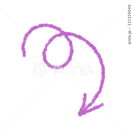 Hand drawn wavy pastel arrow with crayon stroke and sketch style in purple. Distinct symbol and icon as a unique element for creative concept modern abstract visual art. 131356049