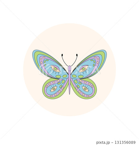 Groovy colorful butterfly in retro circle badge sticker. Funky cute sticker forms a playful y2k label, with icon style as a fun groovy element or lid accent. 131356089