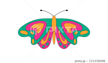 Colorful groovy butterfly in a retro psychedelic cartoon look. Abstract funky pop form as a groovy element. Perfect sticker with y2k details for playful vintage style or fun accent design. Colorful groovy butterfly in a retro psychedelic cartoon look. Abstract funky pop form as a groovy element. Perfect sticker with y2k details for playful vintage style or fun accent design. 131356096