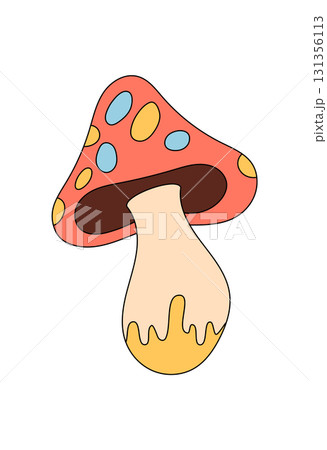 Groovy retro mushroom cartoon graphic style with psychedelic colorful look and bold sticker shape. Trippy fantasy shroom sticker as a magic groovy element, ideal for pop art or y2k themes in trendy 131356113