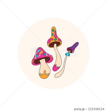 Groovy psychedelic mushroom with retro cartoon graphic style forms the main subject in this colorful circle sticker label. Y2k shroom design for package lid and box seal, creative product tag. Groovy psychedelic mushroom with retro cartoon graphic style forms the main subject in this colorful circle sticker label. Y2k shroom design for package lid and box seal, creative product tag. 131356114
