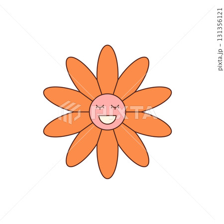 Groovy retro orange flower with happy face and cute sticker style in cartoon y2k look. Groovy element and smiley symbol add cheerful pop flair, ideal for playful summer concepts. Groovy retro orange flower with happy face and cute sticker style in cartoon y2k look. Groovy element and smiley symbol add cheerful pop flair, ideal for playful summer concepts. 131356121