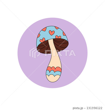 Groovy cartoon mushroom sticker in retro circle style with magic heart detail. Psychedelic and colorful shroom with y2k vibe, perfect for lid or package seal, whimsical and playful product accent. 131356122