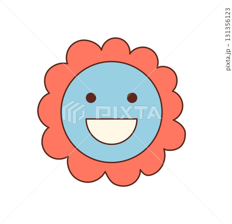 Groovy retro flower with cute smile in funky cartoon graphic style. Happy and colorful groovy element as a playful symbol, with y2k mood in orange and blue colors. Perfect for trendy pop creative Groovy retro flower with cute smile in funky cartoon graphic style. Happy and colorful groovy element as a playful symbol, with y2k mood in orange and blue colors. Perfect for trendy pop creative 131356123