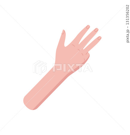 Flat style hand gesture with four fingers up sticker. Bare palm and wrist express the number four in a clear pose. Minimal signal concept, perfect for counting visuals and educational materials. Flat style hand gesture with four fingers up sticker. Bare palm and wrist express the number four in a clear pose. Minimal signal concept, perfect for counting visuals and educational materials. 131356202