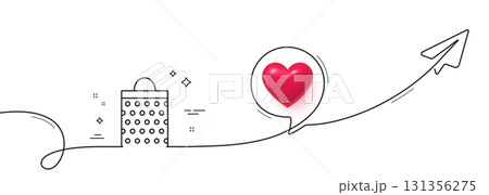 Shopping bag with circles line icon. Continuous line with share plane. Present or Sale sign. Birthday Shopping symbol. Package in Gift Wrap. 3d heart in speech bubble. Vector 131356275