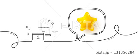 Outsource work line icon. Continuous line with 3d star. Job at home sign. Remote office employee symbol. 3d star in speech bubble. Outsource work single line ribbon. Loop curve pattern. Vector 131356294