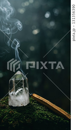 A luminous clear quartz crystal point stands next to a smoldering Palo Santo stick on a bed of vibrant green moss, enveloped by swirling white smoke and soft bokeh light in a mystical forest setting. 131356390