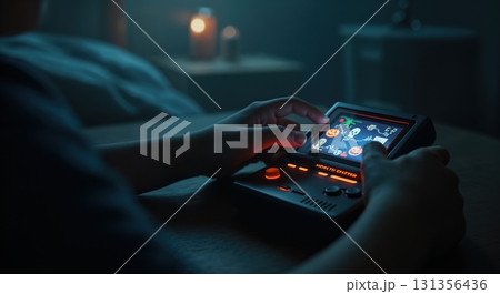 A young person's hands delicately manipulate a retro handheld gaming device with glowing orange buttons, displaying pixelated Halloween graphics and charts in a dark room. A young person's hands delicately manipulate a retro handheld gaming device with glowing orange buttons, displaying pixelated Halloween graphics and charts in a dark room. 131356436